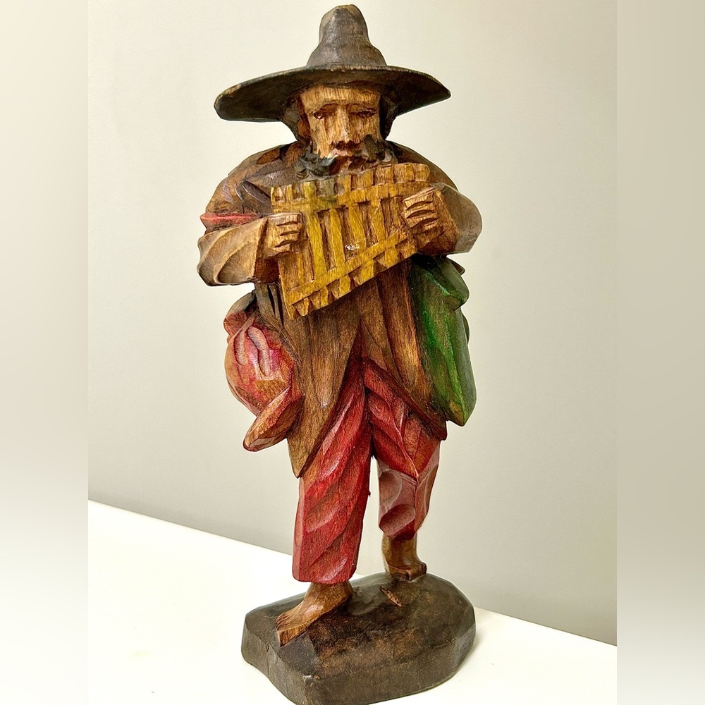 Vintage South American Artisan Hand Carved Wooden Pan Flute Minstrel Figurine